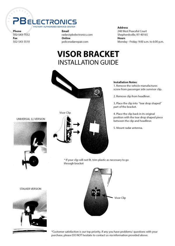 A page of instructions for installing the visor bracket.