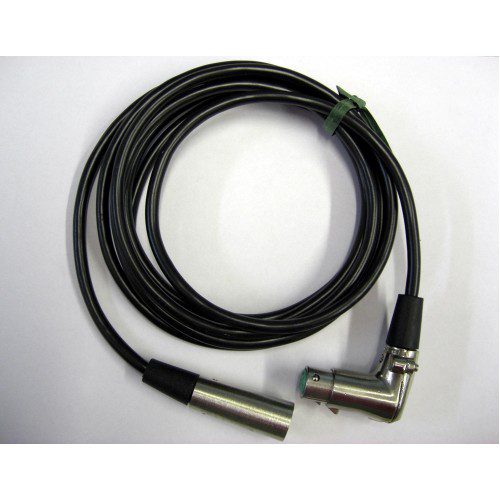 A black and silver cable with a green end.