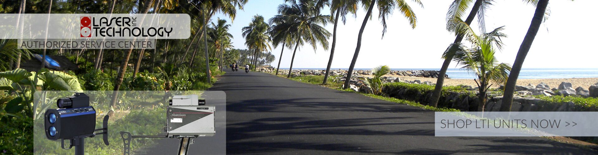 A road with palm trees and people on it
